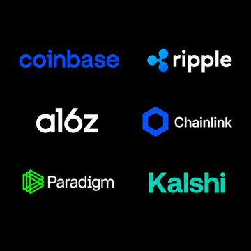 Logos of crypto and finance companies Coinbase, Ripple, a16z, Chainlink, Paradigm, and Kalshi displayed on a black background, representing the executives invited to attend President Trump's crypto summit.