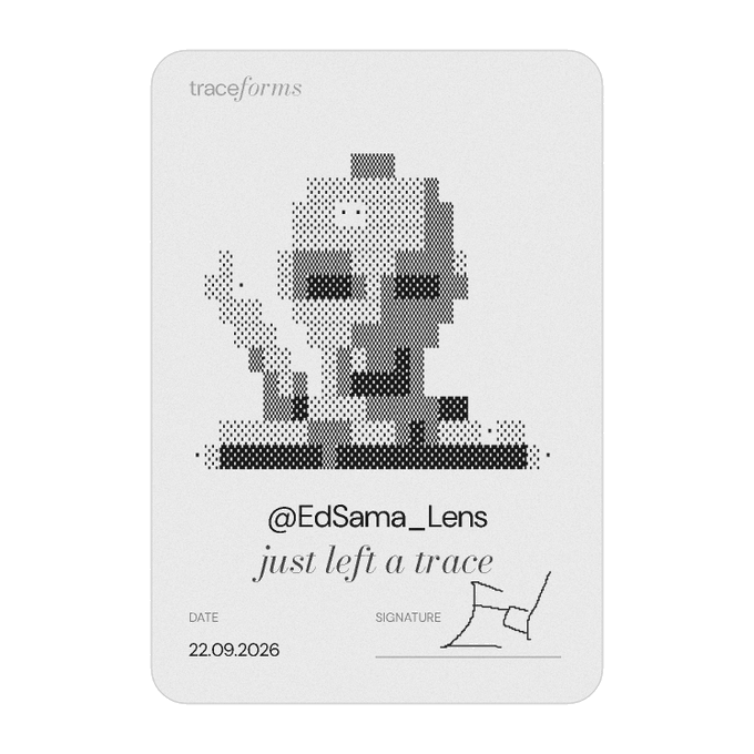 A minimalist poster or card with the header "traceforms" featuring a halftone dot-art portrait of a person, signed "@EdSama_Lens" with the text "just left a trace" and a date of "22.09.2026".