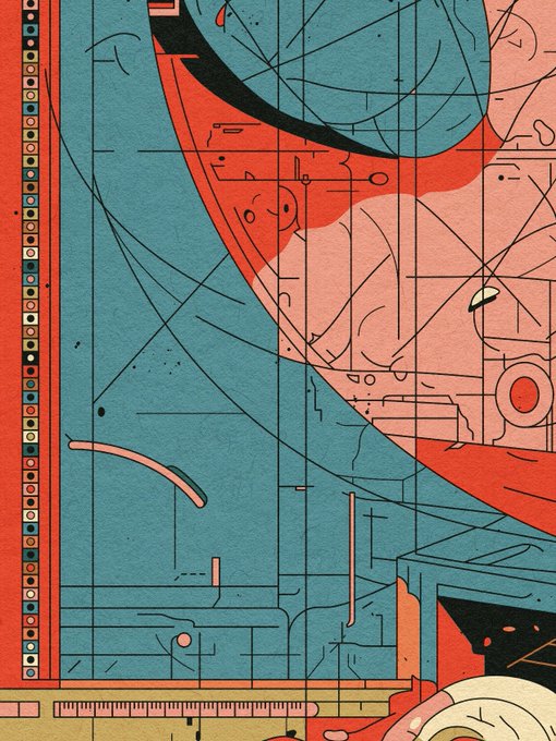 An abstract illustration with teal, red, and salmon pink geometric shapes featuring grid lines, technical drawings, and small circular motifs along the left edge.