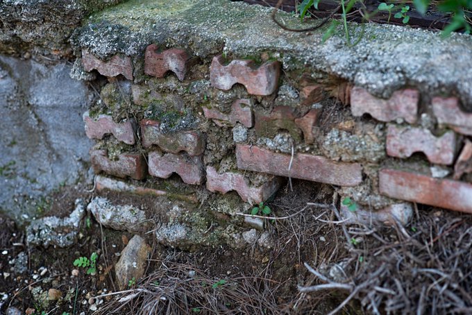 A close-up of an old, weathered brick wall corner with crumbling concrete, moss, and debris at its base.
