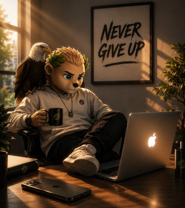 An anthropomorphic bear character wearing a laurel wreath sits relaxed with an eagle on his shoulder, holding a branded mug while looking at an Apple laptop, with a 'NEVER GIVE UP' poster in the background.