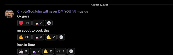 A Discord message from "CryptoGodJohn" reads "Ok guys im about to cook this" followed by "lock in time" at 11:26 AM, aligning with the post's announcement of starting a new leverage trading challenge and a "lock in" mindset for running up the account.