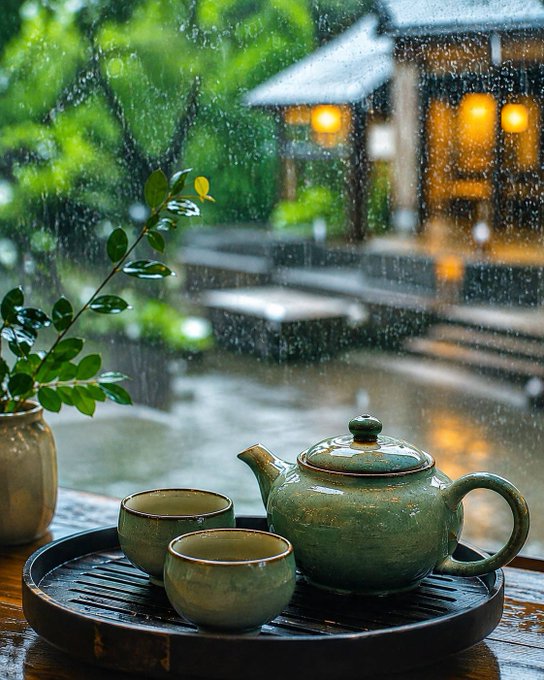 A serene scene of a green ceramic teapot and two cups on a wooden tray by a rain-streaked window, with a traditional Japanese-style building and garden visible outside.