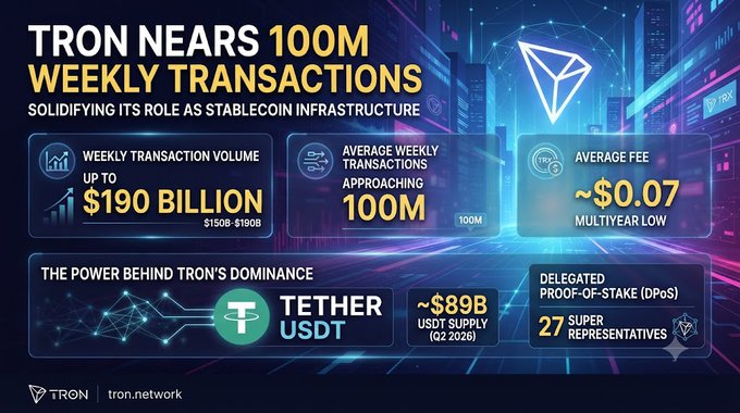 A TRON blockchain infographic announcing "TRON NEARS 100M WEEKLY TRANSACTIONS" with weekly transaction volume up to $190 billion, average fee of ~$0.07, and highlighting Tether (USDT) with ~$89B USDT supply, from tron.network.