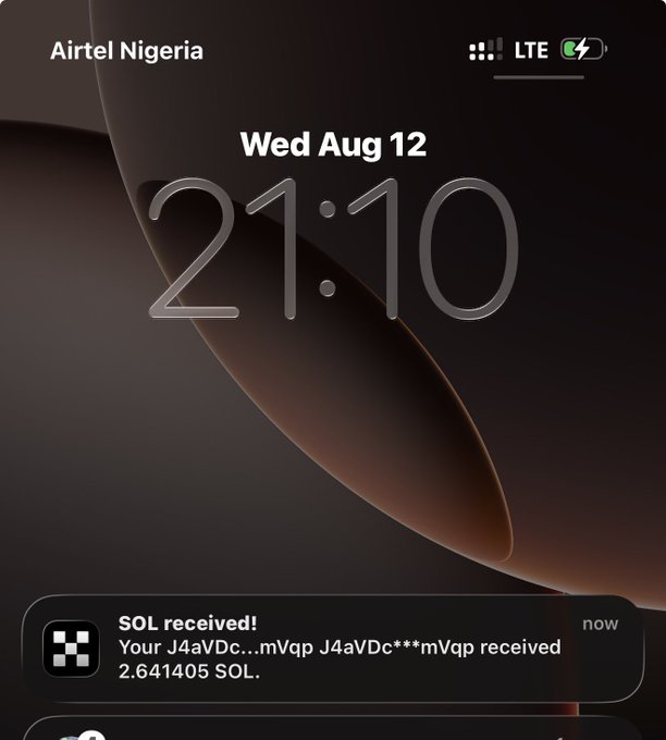 An iPhone lock screen shows an Airtel Nigeria notification confirming "Your J4aVDc...mVqp received 2.641405 SOL," reflecting a small cryptocurrency earnings update consistent with the post's casual mention of modest web3 income.