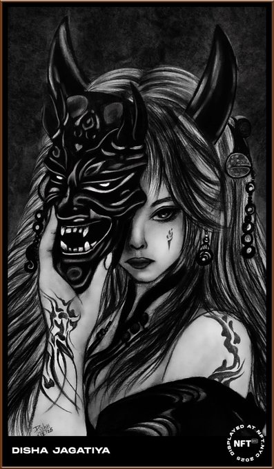 Black and white NFT artwork by Disha Jagatiya showing a woman holding a horned oni mask beside her face, with intricate tribal tattoos on her arm and a 'Minted at GLADOS NFT' logo.
