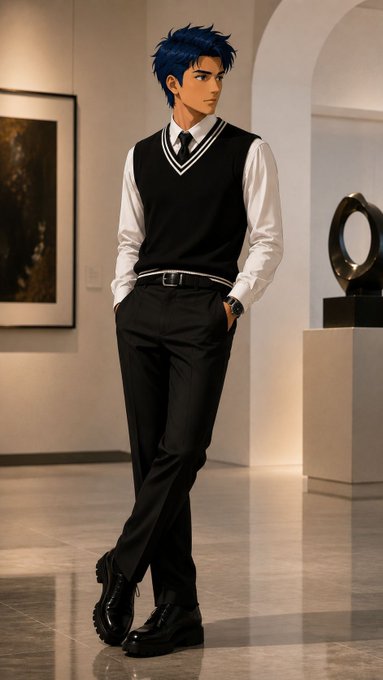 An anime-style male character with blue hair stands in a gallery setting, wearing a black sweater vest over a white dress shirt with a tie, black pants, and chunky boots.
