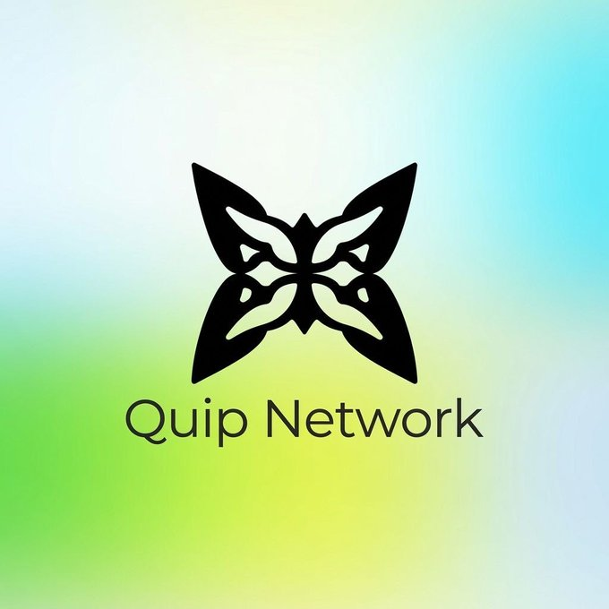 The image shows a logo for Quip Network, which appears to be a stylized butterfly symbol. The background of the logo is blurred, and there are several other words or phrases written around the logo that may be related to the network's name.
