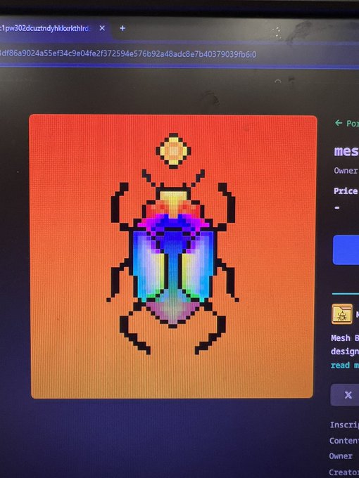 A pixel art beetle with a rainbow-iridescent shell displayed on an orange background, shown on what appears to be a blockchain NFT marketplace listing.
