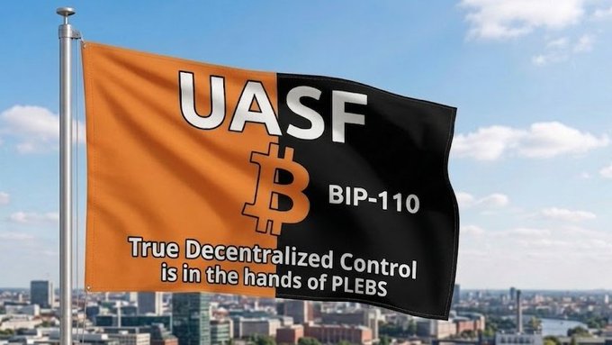 A flag flutters against a city skyline backdrop, displaying "UASF," "₿," "BIP-110," and the slogan "True Decentralized Control is in the hands of PLEBS." The image reinforces the post's call to action, symbolizing grassroots Bitcoin node power rising against centralized mining and lobbying interests.