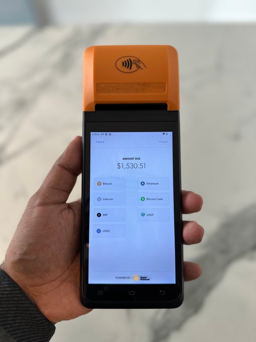 A hand holds an orange and black handheld payment terminal displaying an "AMOUNT DUE" of $1,530.51, with on-screen options for various cryptocurrencies including Bitcoin, Ethereum, Litecoin, Bitcoin Cash, XRP, USDT, and USDC. The image illustrates the post's premise of investing in crypto payment processing machines that earn transaction fees, as the device shows real-world payment functionality across multiple digital assets.
