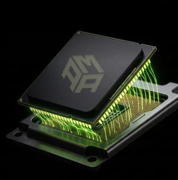 A sleek 3D render of a futuristic microchip or processor with a geometric 'MA' logo on its dark surface, glowing with green illuminated circuit patterns underneath against a black background.