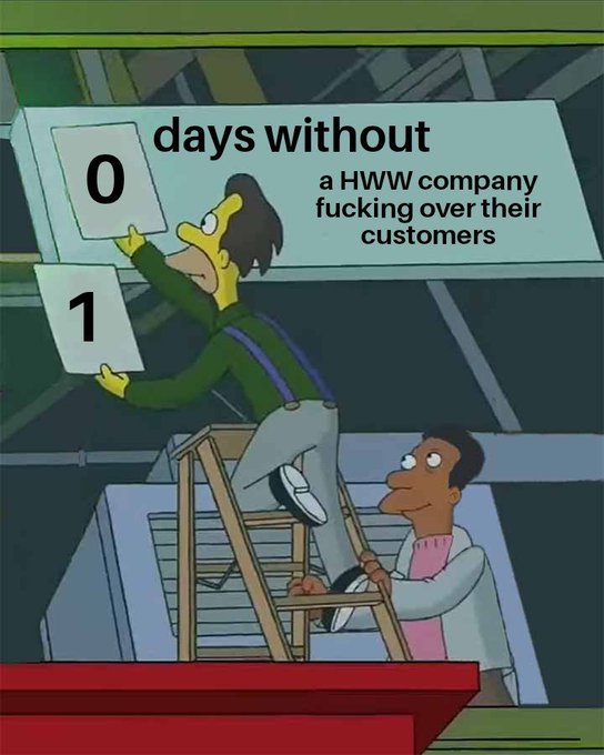 The image shows a Simpsons meme with a "days without" counter that has just been flipped from 0 to 1, accompanied by the text "a HWW company fucking over their customers." It humorously reflects the post about ShipMonk's expanded data breach affecting an additional 67,000 customers, suggesting the fulfillment provider (a "HWW" or "HighWire Wealth" type service) has once again failed to protect customer information, resetting the "days without screwing customers" counter to zero.