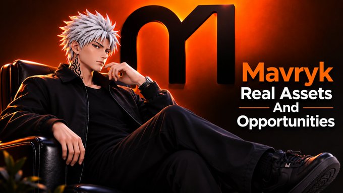 A promotional banner for 'Mavryk' featuring a 3D animated character with white hair sitting in a chair next to the text 'Real Assets And Opportunities'.