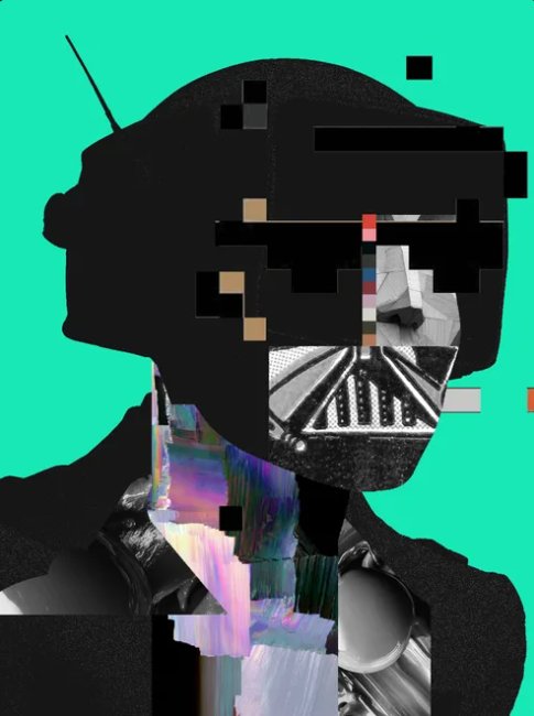 An abstract digital collage featuring a black silhouette of a head on a bright green background, fragmented with glitch art effects and photographic elements.