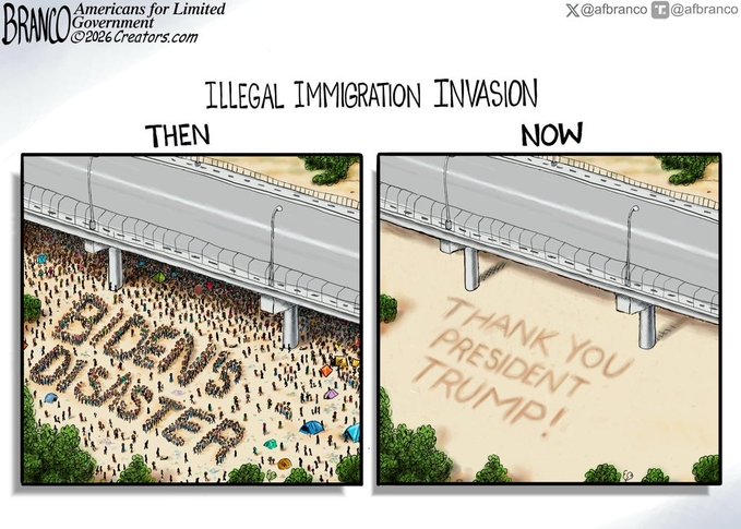 A two-panel political cartoon by Branco titled 'ILLEGAL IMMIGRATION INVASION', showing crowds spelling 'BIDEN MUST GO' under a bridge in the 'THEN' panel and 'THANK YOU PRESIDENT TRUMP!' on the ground in the 'NOW' panel.