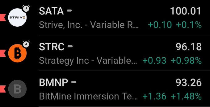 A mobile stock app displays preferred perpetual stocks trading around $100: SATA (Strive, Inc.) at $100.01 (+0.10, +0.1%), STRC (Strategy Inc) at $96.18 (+0.93, +0.98%), and BMNP (BitMine Immersion Technologies) at $93.26 (+1.36, +1.48%), visually supporting the post's anticipation that these preferred perpetual securities are poised to "print" near par value.