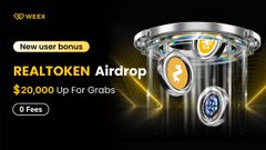 An advertisement displays 'WEB3' and 'New user bonus' alongside 'REALTOKEN Airdrop' offering '$20,000 up for Grabs' with '0 Fees', next to an image of a metallic cylindrical device.