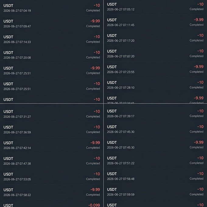 The image displays a transaction history showing multiple completed USDT (Tether) transfers of $10 each (with a few for $9.99 or $0.099), all dated 2026-06-27 between 07:04 and 07:59, serving as proof of payments sent to participants in the "$10 giveaway to 20 lucky people" promotion mentioned in the post.