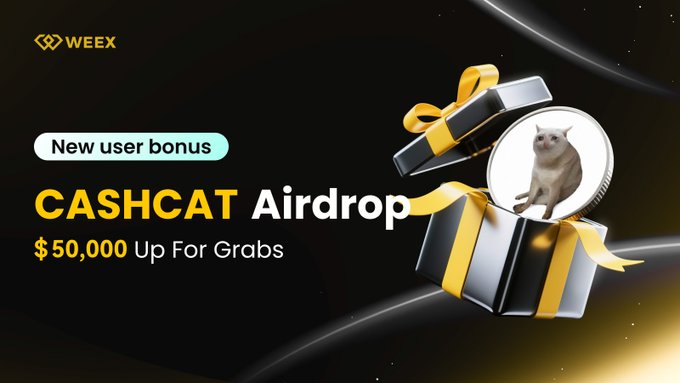 Weex promotional graphic featuring a black gift box with gold ribbon and a cat-themed $CASHCAT coin, advertising a "New user bonus" airdrop with "$50,000 Up For Grabs" tied to the CASHCAT event running July 13–20, 2026.