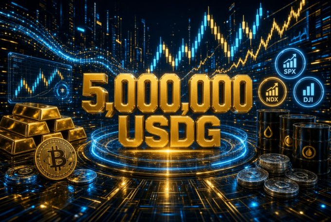 A promotional graphic featuring '5,000,000 USDG' in large gold 3D text, set against a background of cryptocurrency charts, gold bars, Bitcoin coins, and stock market indices (SPX, NDX, DJI).