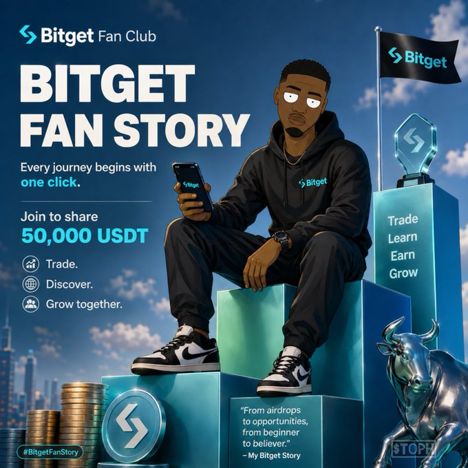A promotional graphic for the Bitget Fan Club titled 'BITGET FAN STORY' featuring an animated character in a black Bitget hoodie sitting on blocks, with text about trading, learning, earning, and a 50,000 USDT prize pool.