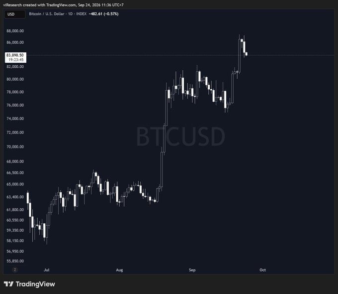 A TradingView daily candlestick chart of 'BTCUSD' (Bitcoin/U.S. Dollar) shows a strong upward trend from late June, reaching a high of $81,890.00 on the index as of September 24, 2024.
