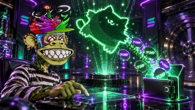 A crypto-themed illustration featuring a grinning cartoon monkey character in a striped shirt at a casino table, with a green glowing dog-shaped hologram and floating 'PUMP' coins above an open wallet.