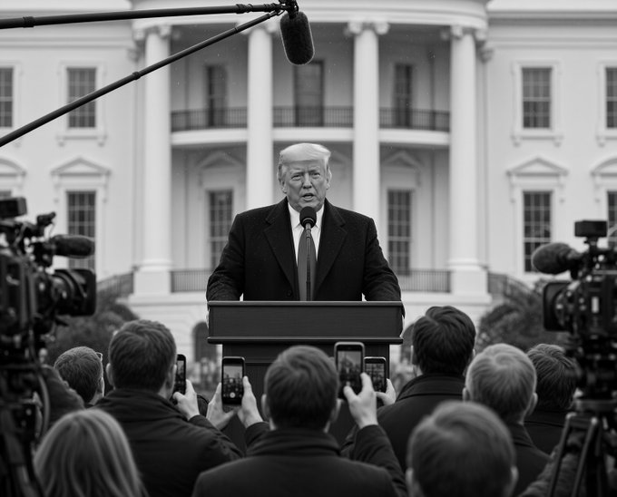 A black-and-white image depicts a man speaking at a podium before the White House, surrounded by media, with the post "$MAGA" referencing his association with the political movement.