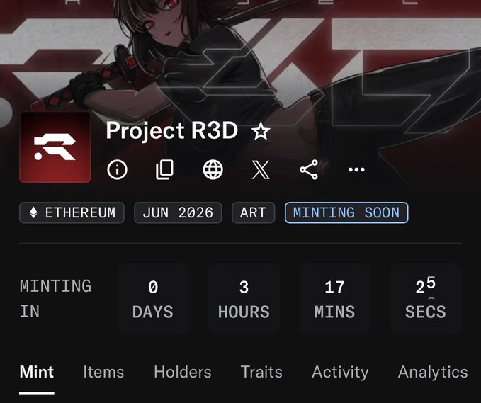 A dark-themed NFT minting page for "Project R3D" displayed on what appears to be Rarity.tools, featuring an anime-style character with red eyes against red and white graphics, showing tags for Ethereum, June 2026, and Art with a countdown timer at 0 days, 3 hours, 17 minutes, and 25 seconds until minting begins, directly illustrating the announced upcoming mint highlighted in the post.