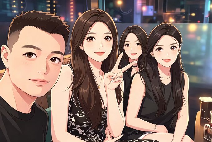 An anime/illustrated style image shows four young people, with one man and three women posing together in what appears to be an evening urban setting.