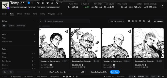 A screenshot of the Templar NFT marketplace showing the 'Templars of the Storm' collection, with a floor price of $1,907.10, a 24-hour change of +2.7%, and a top offer of $1,611.43.
