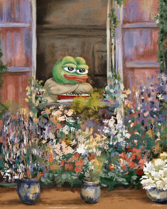 A digitally edited painting styled after a post-impressionist floral window scene features a Pepe the Frog meme character leaning on books (one labeled "FLOWERS") at the windowsill, surrounded by lush potted plants and colorful blooms.