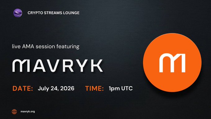 An announcement for a live AMA session in the Crypto Streams Lounge featuring Mavryk on July 24, 2026 at 1pm UTC.