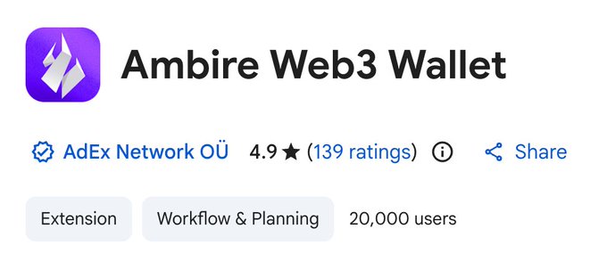 A Chrome Web Store listing for the 'Ambire Web3 Wallet' extension by AdEx Network OÜ, rated 4.9 stars with 139 ratings and 20,000 users.