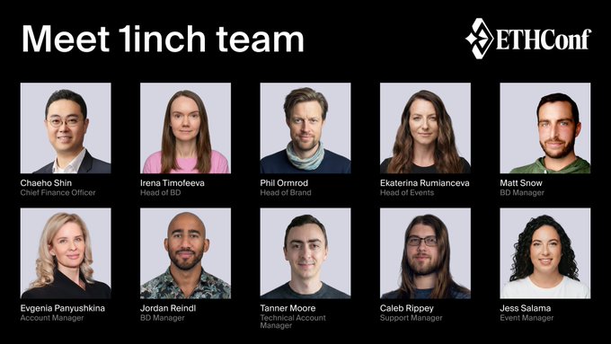 The image features a group photo of twelve people, including eight men and four women, all dressed similarly with dark clothing. The text "Meet 1inch team" is displayed at the top of the image, indicating that this gathering is related to an event or meeting involving the company "1inch". The post also mentions two specific events happening on June 8th and 9th, which are scheduled for CryptoMondays Wall St from 10:30-11:30 PM.