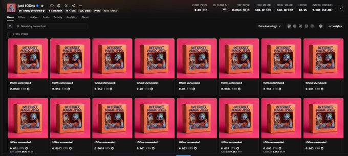 A screenshot of the "just t00ns" NFT collection dashboard displays 15 unburned token items, each marked as "0/15 Items unminted" against a bright pink background featuring a "Internet Magic" album-style image. The visible statistics show a price of 0.86 ETH with a $100.66 floor price, supporting the post's observation about the limited 15 NFT supply and questioning whether the collection will implement a burn mechanism.