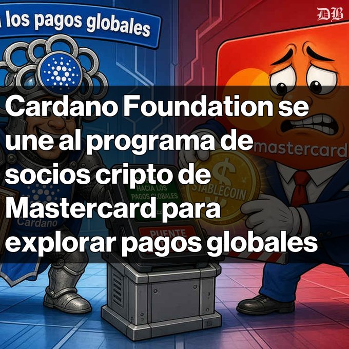Spanish-language crypto news graphic announcing that the Cardano Foundation has joined Mastercard's crypto partner program to explore global payments, featuring Cardano and Mastercard mascots.