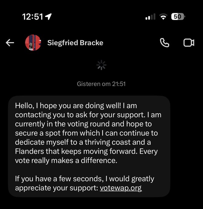A smartphone screenshot shows a WhatsApp message from 'Siegfried Bracke' in Dutch, asking for voting support and directing recipients to votewap.org.