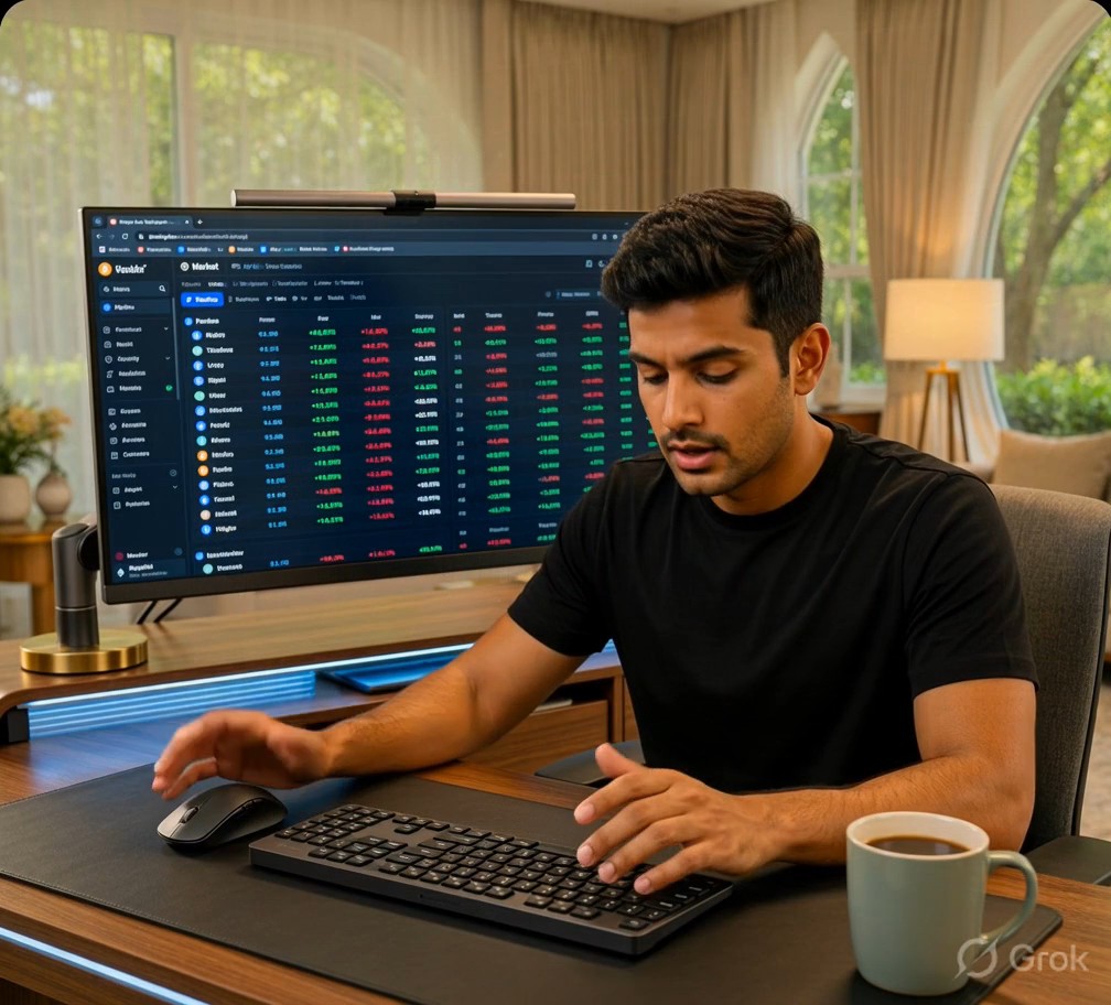 A young man works on a computer displaying what appears to be a cryptocurrency exchange dashboard with various market data and price charts, with a coffee mug on his desk.