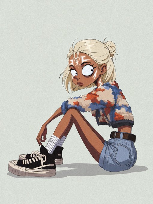 An illustration of a stylized blonde character with facial markings, wearing a fluffy red, white, and blue sweater, denim shorts, and black sneakers.