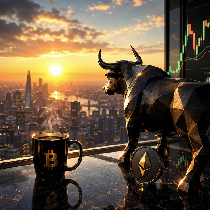 A 3D-rendered golden bull statue standing next to a coffee mug with the Bitcoin logo and an Ethereum coin, set against a sunset city skyline and a trading chart.