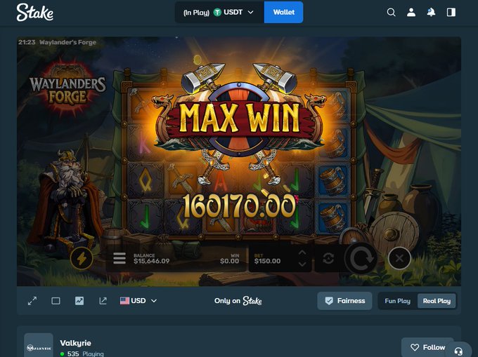 A screenshot from Stake.com shows a "Waylander's Forge" slot game celebrating a "MAX WIN" of 160,170.00 USDT on a $0.00 bet with a $150.00 win displayed, with the user "Valkyrie" playing at the top of the page. The image visually supports the post's claim of a fifth "Trickster" max win on Stake, showcasing the massive payout multiplier.