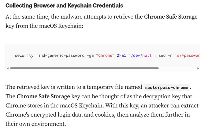 The image shows a technical excerpt titled "Collecting Browser and Keychain Credentials," detailing how macOS malware retrieves the Chrome Safe Storage key from the macOS Keychain using a command ("security find-generic-password -ga 'Chrome'"), with the extracted key saved to a file named "masterpass-chrome." This relates to the SlowMist alert by illustrating how the new macOS malware exfiltrates sensitive credentials—such as browser-stored logins and Telegram session data—to ultimately hijack crypto wallets.