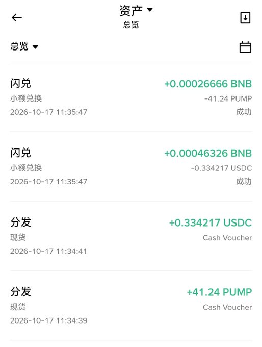 A mobile app screenshot showing an asset overview (资产 总览) with crypto transactions including swaps (闪克) of PUMP and USDC, and distributions (分发) of USDC and PUMP dated 2026-10-17.