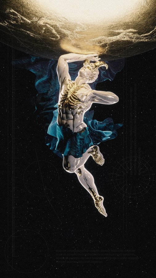 A celestial artwork depicting a muscular male figure holding up a large planet or moon, wearing flowing blue garments and gold armor accents, set against a starry space background.