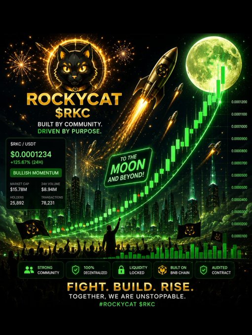 A promotional poster for the cryptocurrency 'ROCKYCAT $RKC' featuring a black cat, rockets, and a moon, showing a price of $0.0001234 with +125.67% (24H) 'BULLISH MOMENTUM', market cap of $15.78M, and tagline 'FIGHT. BUILD. RISE. TOGETHER, WE ARE UNSTOPPABLE.'