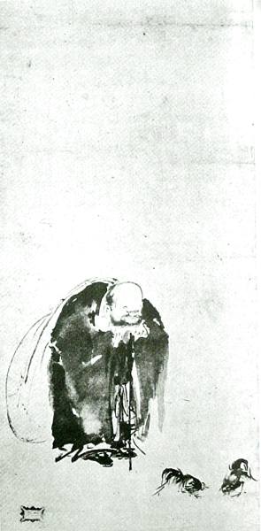 Traditional East Asian ink painting depicting an elderly figure with a white beard wearing dark robes, standing and looking down at two small ducklings at their feet on a minimalist background.