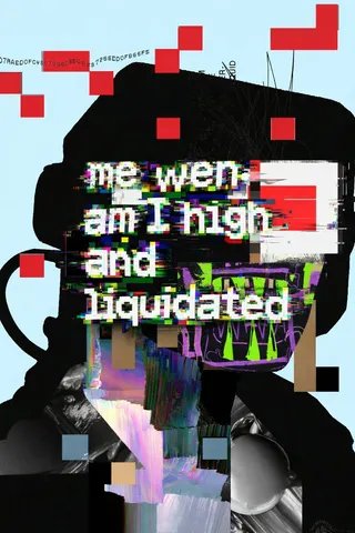 A glitchy, pixelated silhouette figure wearing large headphones with text overlay reading "me when am I high and liquidated" against a chaotic background of floating red squares and digital artifacts, visually embodying the post's theme of chasing NFT curiosity and financial recklessness.