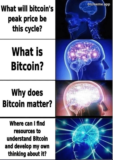 A four-panel expanding brain meme from btceme.app showing escalating levels of intellectual depth regarding Bitcoin, starting with asking about peak prices and culminating in seeking resources to develop independent thinking about it.